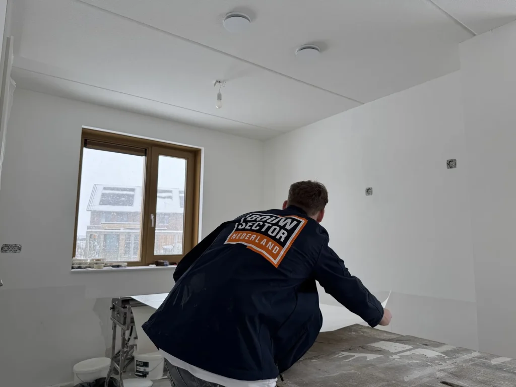 Behanger van Bouwsector Nederland trekt een baan vlies van de plaktafel in een lege nieuwbouwkamer